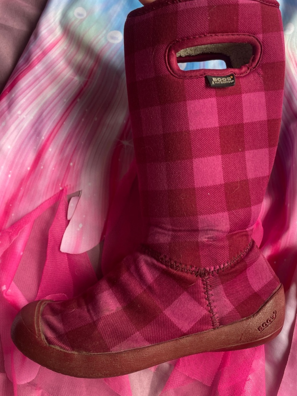 Bogs Kids Hot Pink Plaid Waterproof Pull-On Boots